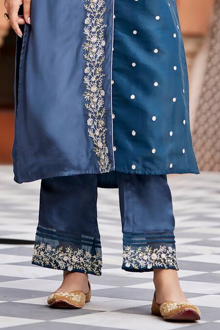 Shop Seher Jaipur Blue Muslin, Organza, Silk Embroidery V-neck Tara A-line Kurta Pant Set Online at Aza Fashions Shop_Seher Jaipur_Blue Muslin, Organza, Silk Embroidery V-neck Tara A-line Kurta Pant Set _Online_at_Aza_Fashions