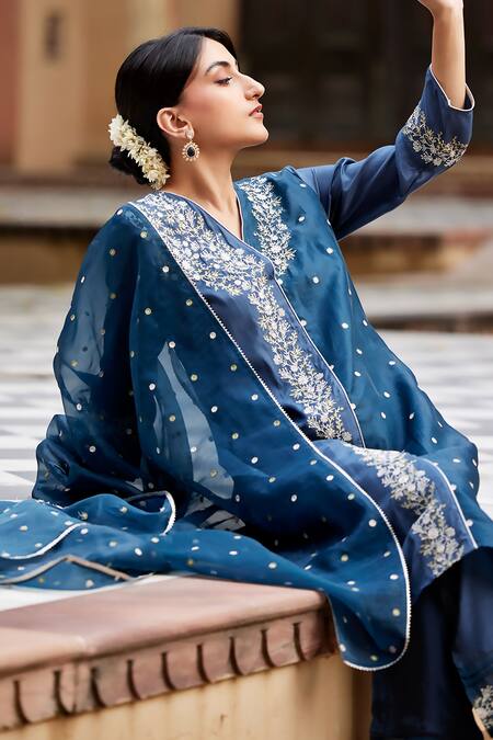 Shop Seher Jaipur Blue Muslin, Organza, Silk Embroidery V-neck Tara A-line Kurta Pant Set Shop_Seher Jaipur_Blue Muslin, Organza, Silk Embroidery V-neck Tara A-line Kurta Pant Set