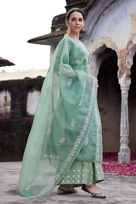 Seher Jaipur_Green Muslin, Silk, Organza, Cotton Embroidery Round Nida Kurta Sharara Set _Online_at_Aza_Fashions