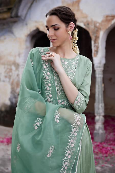 Buy_Seher Jaipur_Green Muslin, Silk, Organza, Cotton Embroidery Round Nida Kurta Sharara Set _Online_at_Aza_Fashions