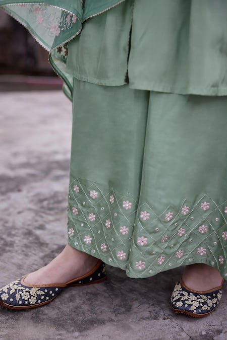 Shop_Seher Jaipur_Green Muslin, Silk, Organza, Cotton Embroidery Round Nida Kurta Sharara Set _Online_at_Aza_Fashions