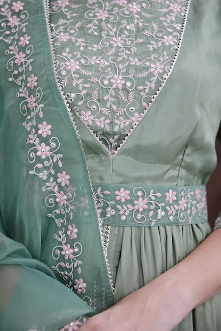 Seher Jaipur_Green Muslin, Silk, Organza, Cotton Embroidery Round Nida Kurta Sharara Set _at_Aza_Fashions