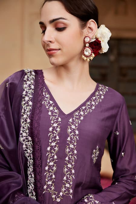 Shop_Seher Jaipur_Purple Muslin, Silk, Organza Embroidery, Lace V-neck Hina Kurta Pant Set _Online_at_Aza_Fashions