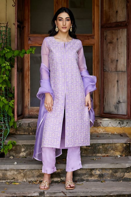 Seher Jaipur_Purple Organza, Muslin, Silk, Cotton Embroidery Round Almiza Kurta Pant Set_Online_at_Aza_Fashions