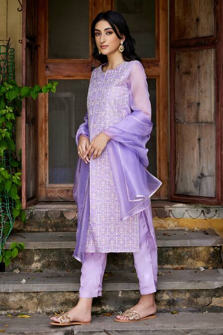 Buy_Seher Jaipur_Purple Organza, Muslin, Silk, Cotton Embroidery Round Almiza Kurta Pant Set_Online_at_Aza_Fashions