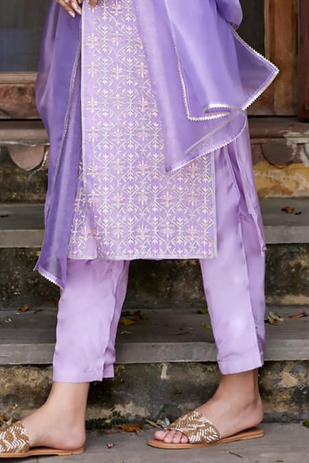 Shop_Seher Jaipur_Purple Organza, Muslin, Silk, Cotton Embroidery Round Almiza Kurta Pant Set_Online_at_Aza_Fashions