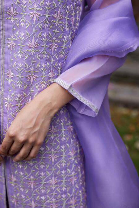 Seher Jaipur_Purple Organza, Muslin, Silk, Cotton Embroidery Round Almiza Kurta Pant Set_at_Aza_Fashions