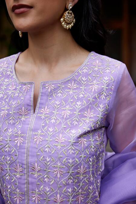 Buy_Seher Jaipur_Purple Organza, Muslin, Silk, Cotton Embroidery Round Almiza Kurta Pant Set