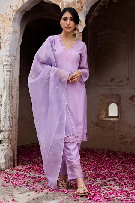Seher Jaipur Purple Muslin Silk Embroidered Lace V Neck Zeena Kurta Pant Set 