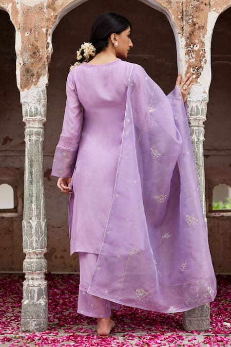 Shop Seher Jaipur Purple Muslin, Organza, Cotton, Silk Embroidery, Lace Zeena Kurta Pant Set at Aza Fashions Shop_Seher Jaipur_Purple Muslin, Organza, Cotton, Silk Embroidery, Lace Zeena Kurta Pant Set _at_Aza_Fashions