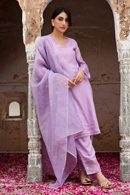 Seher Jaipur Purple Muslin, Organza, Cotton, Silk Embroidery, Lace Zeena Kurta Pant Set Online at Aza Fashions Seher Jaipur_Purple Muslin, Organza, Cotton, Silk Embroidery, Lace Zeena Kurta Pant Set _Online_at_Aza_Fashions