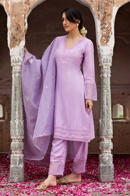 Buy Seher Jaipur Purple Muslin, Organza, Cotton, Silk Embroidery, Lace Zeena Kurta Pant Set Online at Aza Fashions Buy_Seher Jaipur_Purple Muslin, Organza, Cotton, Silk Embroidery, Lace Zeena Kurta Pant Set _Online_at_Aza_Fashions