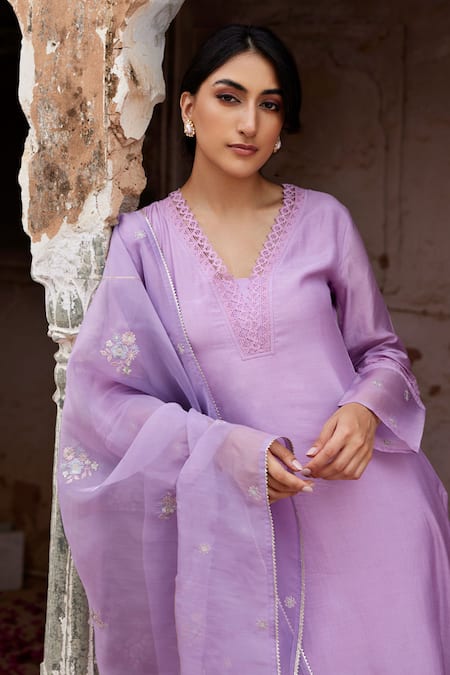 Shop Seher Jaipur Purple Muslin, Organza, Cotton, Silk Embroidery, Lace Zeena Kurta Pant Set Online at Aza Fashions Shop_Seher Jaipur_Purple Muslin, Organza, Cotton, Silk Embroidery, Lace Zeena Kurta Pant Set _Online_at_Aza_Fashions