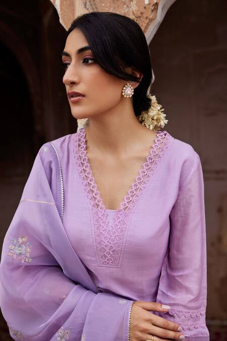 Buy Seher Jaipur Purple Muslin, Organza, Cotton, Silk Embroidery, Lace Zeena Kurta Pant Set Buy_Seher Jaipur_Purple Muslin, Organza, Cotton, Silk Embroidery, Lace Zeena Kurta Pant Set