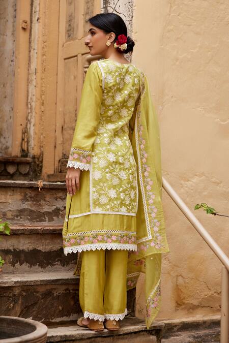 Shop Seher Jaipur Yellow Muslin, Organza, Cotton Embroidery, Lace V-neck Mariya Kurta Pant Set at Aza Fashions Shop_Seher Jaipur_Yellow Muslin, Organza, Cotton Embroidery, Lace V-neck Mariya Kurta Pant Set_at_Aza_Fashions