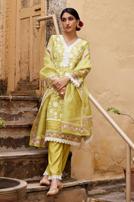 Seher Jaipur Yellow Muslin, Organza, Cotton Embroidery, Lace V-neck Mariya Kurta Pant Set Online at Aza Fashions Seher Jaipur_Yellow Muslin, Organza, Cotton Embroidery, Lace V-neck Mariya Kurta Pant Set_Online_at_Aza_Fashions