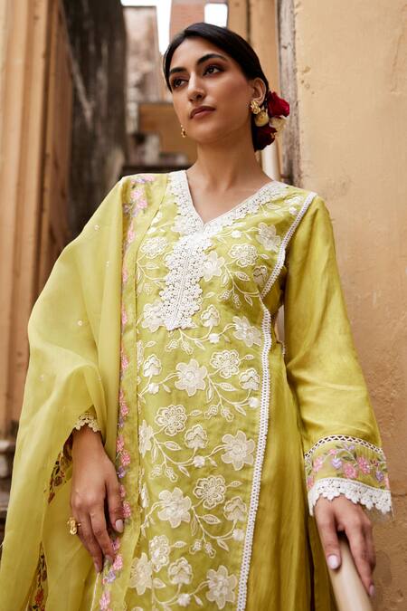 Shop Seher Jaipur Yellow Muslin, Organza, Cotton Embroidery, Lace V-neck Mariya Kurta Pant Set Online at Aza Fashions Shop_Seher Jaipur_Yellow Muslin, Organza, Cotton Embroidery, Lace V-neck Mariya Kurta Pant Set_Online_at_Aza_Fashions