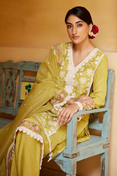 Seher Jaipur Yellow Muslin, Organza, Cotton Embroidery, Lace V-neck Mariya Kurta Pant Set at Aza Fashions Seher Jaipur_Yellow Muslin, Organza, Cotton Embroidery, Lace V-neck Mariya Kurta Pant Set_at_Aza_Fashions