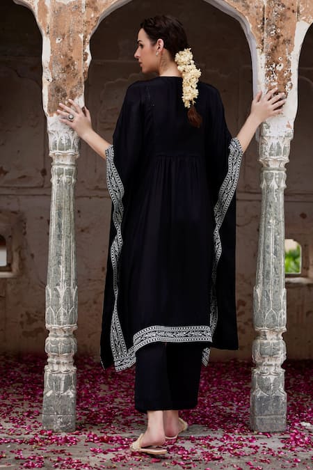 Shop Seher Jaipur Black Muslin, Silk, Cotton Embroidery V-neck Fiza Long Kaftan And Pant Set at Aza Fashions Shop_Seher Jaipur_Black Muslin, Silk, Cotton Embroidery V-neck Fiza Long Kaftan And Pant Set _at_Aza_Fashions