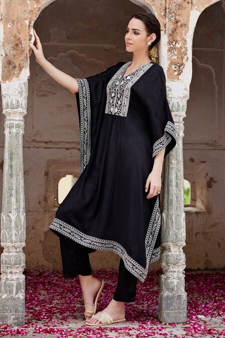Buy Seher Jaipur Black Muslin, Silk, Cotton Embroidery V-neck Fiza Long Kaftan And Pant Set Online at Aza Fashions Buy_Seher Jaipur_Black Muslin, Silk, Cotton Embroidery V-neck Fiza Long Kaftan And Pant Set _Online_at_Aza_Fashions