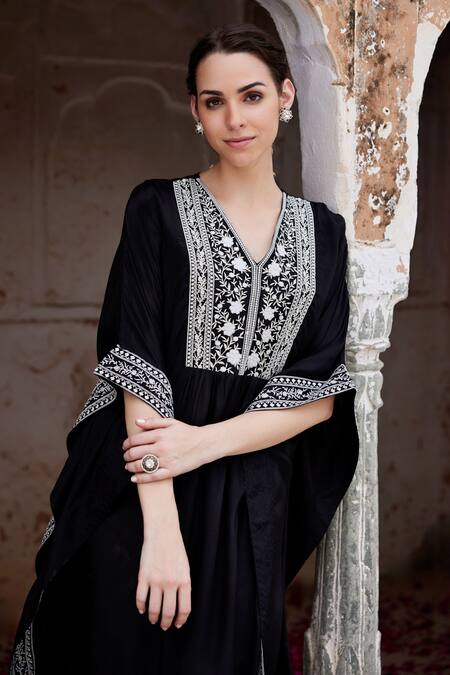 Shop Seher Jaipur Black Muslin, Silk, Cotton Embroidery V-neck Fiza Long Kaftan And Pant Set Online at Aza Fashions Shop_Seher Jaipur_Black Muslin, Silk, Cotton Embroidery V-neck Fiza Long Kaftan And Pant Set _Online_at_Aza_Fashions