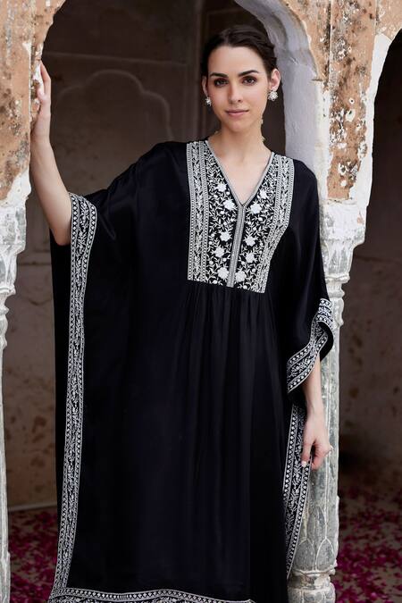 Seher Jaipur Black Muslin, Silk, Cotton Embroidery V-neck Fiza Long Kaftan And Pant Set at Aza Fashions Seher Jaipur_Black Muslin, Silk, Cotton Embroidery V-neck Fiza Long Kaftan And Pant Set _at_Aza_Fashions