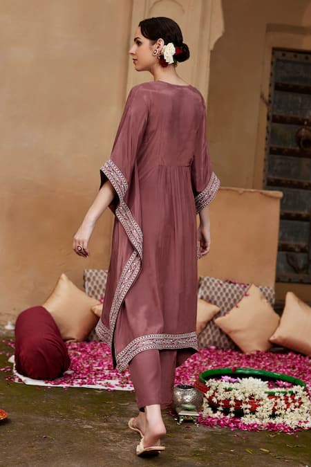 Shop Seher Jaipur Brown Muslin, Silk, Cotton Embroidery V-neck Fiza Kaftan And Pant Set at Aza Fashions Shop_Seher Jaipur_Brown Muslin, Silk, Cotton Embroidery V-neck Fiza Kaftan And Pant Set _at_Aza_Fashions