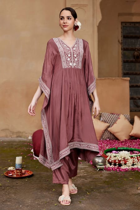 Seher Jaipur Brown Muslin, Silk, Cotton Embroidery V-neck Fiza Kaftan And Pant Set Online at Aza Fashions Seher Jaipur_Brown Muslin, Silk, Cotton Embroidery V-neck Fiza Kaftan And Pant Set _Online_at_Aza_Fashions
