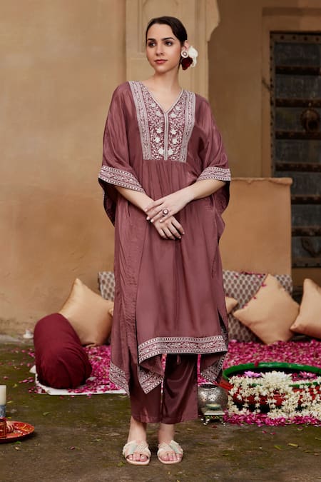 Buy Seher Jaipur Brown Muslin, Silk, Cotton Embroidery V-neck Fiza Kaftan And Pant Set Online at Aza Fashions Buy_Seher Jaipur_Brown Muslin, Silk, Cotton Embroidery V-neck Fiza Kaftan And Pant Set _Online_at_Aza_Fashions