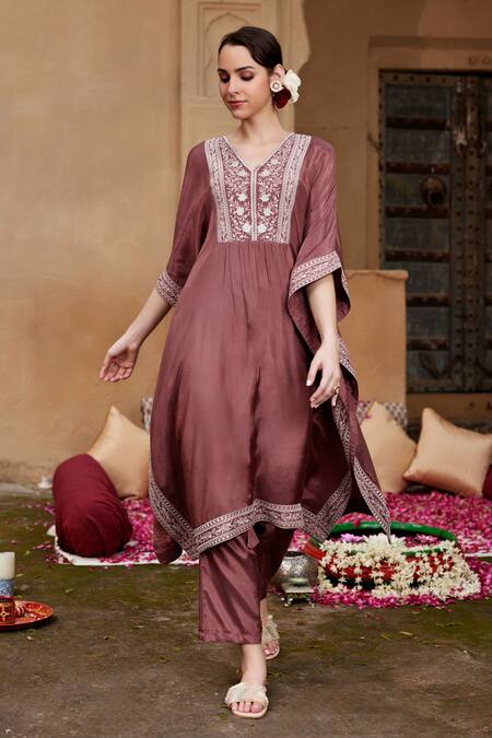 Shop Seher Jaipur Brown Muslin, Silk, Cotton Embroidery V-neck Fiza Kaftan And Pant Set Online at Aza Fashions Shop_Seher Jaipur_Brown Muslin, Silk, Cotton Embroidery V-neck Fiza Kaftan And Pant Set _Online_at_Aza_Fashions