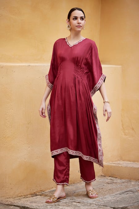 Seher Jaipur_Red Muslin, Silk, Cotton Embroidery V-neck Noori Border Kaftan And Pant Set _Online_at_Aza_Fashions