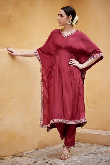 Buy_Seher Jaipur_Red Muslin, Silk, Cotton Embroidery V-neck Noori Border Kaftan And Pant Set _Online_at_Aza_Fashions