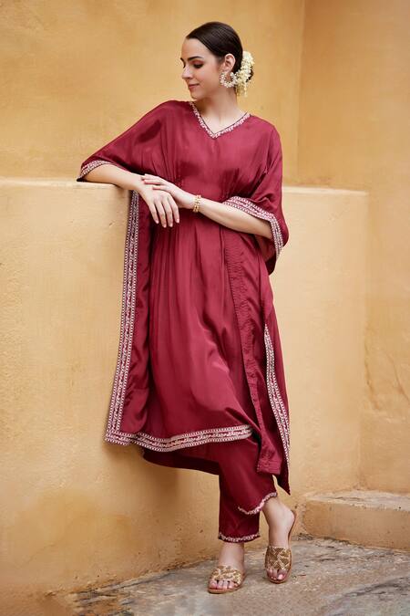 Shop_Seher Jaipur_Red Muslin, Silk, Cotton Embroidery V-neck Noori Border Kaftan And Pant Set _Online_at_Aza_Fashions