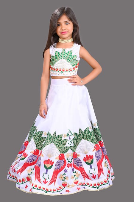 Lakshmi Reddy White Raw Silk Printed Bird Parrot Lehenga Set