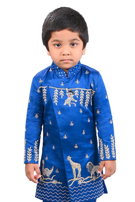 Lakshmi Reddy_Blue Satin Raw Silk Embroidered Thread Animal Motif Sherwani Set_Online_at_Aza_Fashions