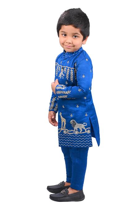 Shop_Lakshmi Reddy_Blue Satin Raw Silk Embroidered Thread Animal Motif Sherwani Set_Online_at_Aza_Fashions