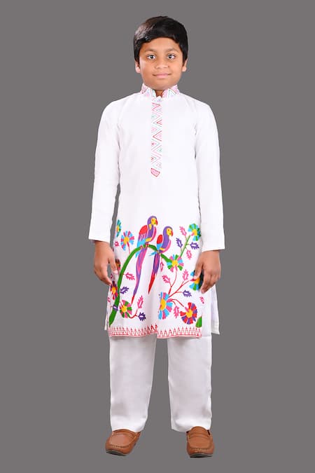 Lakshmi Reddy White Satin Raw Silk Printed Parrot Embroidered Kurta And Pant Set