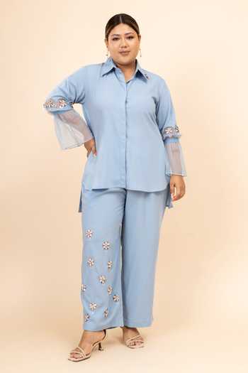 Mamicha_Blue Embroidery Collared Amber Placement Hand Shirt With Trouser_Online_at_Aza_Fashions