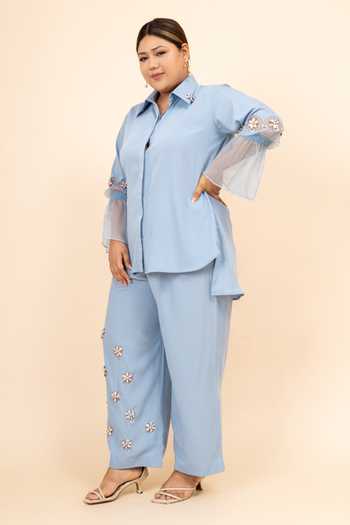 Buy_Mamicha_Blue Embroidery Collared Amber Placement Hand Shirt With Trouser_Online_at_Aza_Fashions