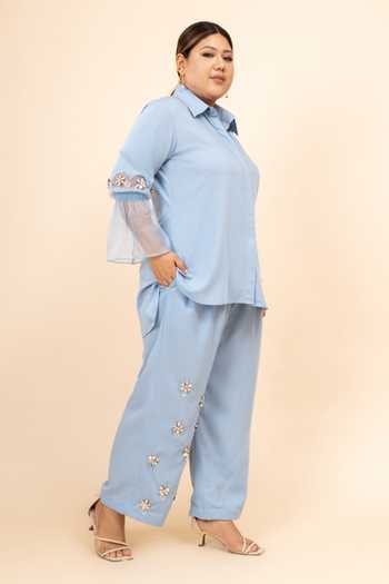 Shop_Mamicha_Blue Embroidery Collared Amber Placement Hand Shirt With Trouser_Online_at_Aza_Fashions