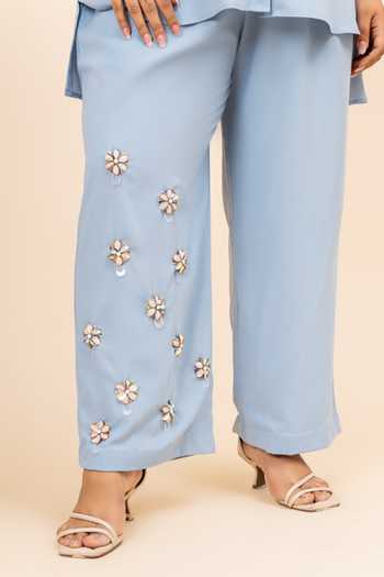 Mamicha_Blue Embroidery Collared Amber Placement Hand Shirt With Trouser_at_Aza_Fashions