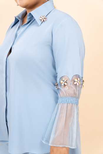 Buy_Mamicha_Blue Embroidery Collared Amber Placement Hand Shirt With Trouser