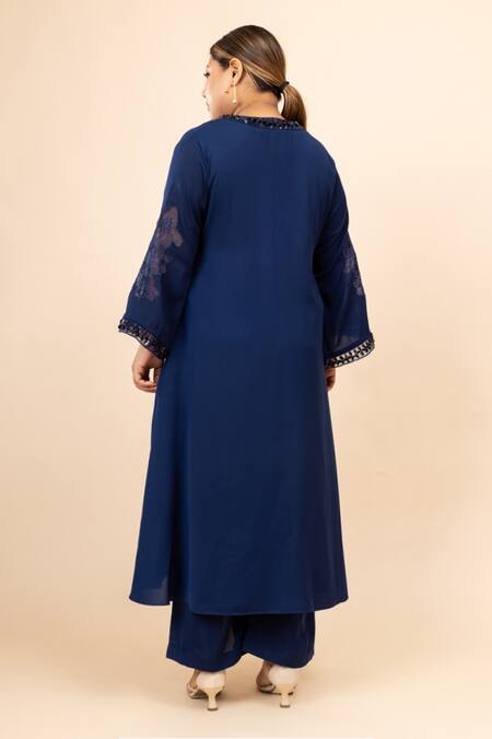 Shop Mamicha Blue Mohair Crystals V-neck Arza Asymmetric Tunic Trouser Set at Aza Fashions Shop_Mamicha_Blue Mohair Crystals V-neck Arza Asymmetric Tunic Trouser Set_at_Aza_Fashions