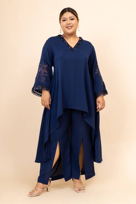 Mamicha Blue Mohair Crystals V-neck Arza Asymmetric Tunic Trouser Set Online at Aza Fashions Mamicha_Blue Mohair Crystals V-neck Arza Asymmetric Tunic Trouser Set_Online_at_Aza_Fashions