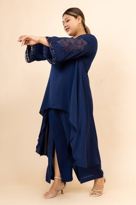 Buy Mamicha Blue Mohair Crystals V-neck Arza Asymmetric Tunic Trouser Set Online at Aza Fashions Buy_Mamicha_Blue Mohair Crystals V-neck Arza Asymmetric Tunic Trouser Set_Online_at_Aza_Fashions