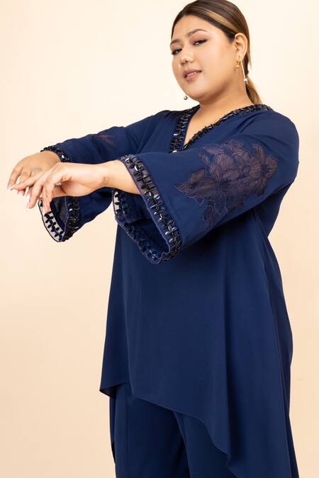 Shop Mamicha Blue Mohair Crystals V-neck Arza Asymmetric Tunic Trouser Set Online at Aza Fashions Shop_Mamicha_Blue Mohair Crystals V-neck Arza Asymmetric Tunic Trouser Set_Online_at_Aza_Fashions