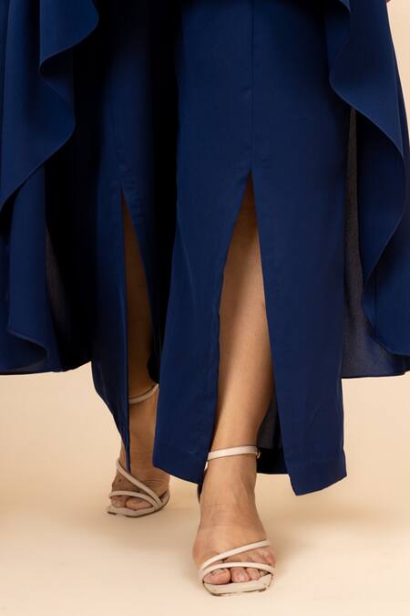 Mamicha Blue Mohair Crystals V-neck Arza Asymmetric Tunic Trouser Set at Aza Fashions Mamicha_Blue Mohair Crystals V-neck Arza Asymmetric Tunic Trouser Set_at_Aza_Fashions