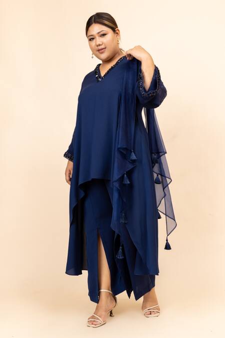 Buy Mamicha Blue Mohair Crystals V-neck Arza Asymmetric Tunic Trouser Set Buy_Mamicha_Blue Mohair Crystals V-neck Arza Asymmetric Tunic Trouser Set
