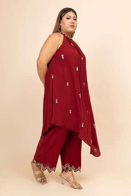Mamicha_Maroon Mohair Sequins, Embroidery Halter Neck Husna Hand Tunic Trouser Set_Online_at_Aza_Fashions