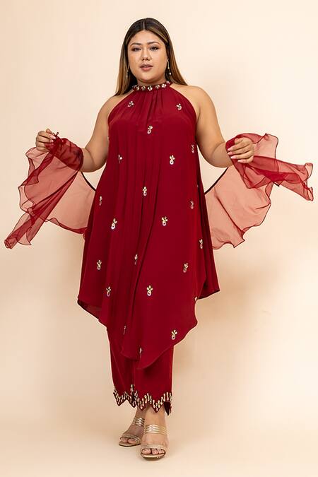 Shop_Mamicha_Maroon Mohair Sequins, Embroidery Halter Neck Husna Hand Tunic Trouser Set_Online_at_Aza_Fashions